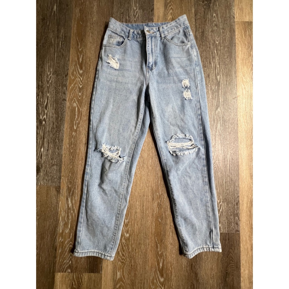 SHEIN Distressed Jeans Women XS Light Blue High Waisted Ripped Straight